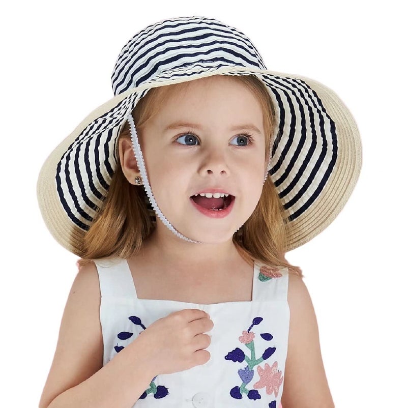 Connectyle Kids Summer Straw Hat Foldable Wide Brim Beach Travel Bowknot Hat for Girls L Navy Blue - Image 1
